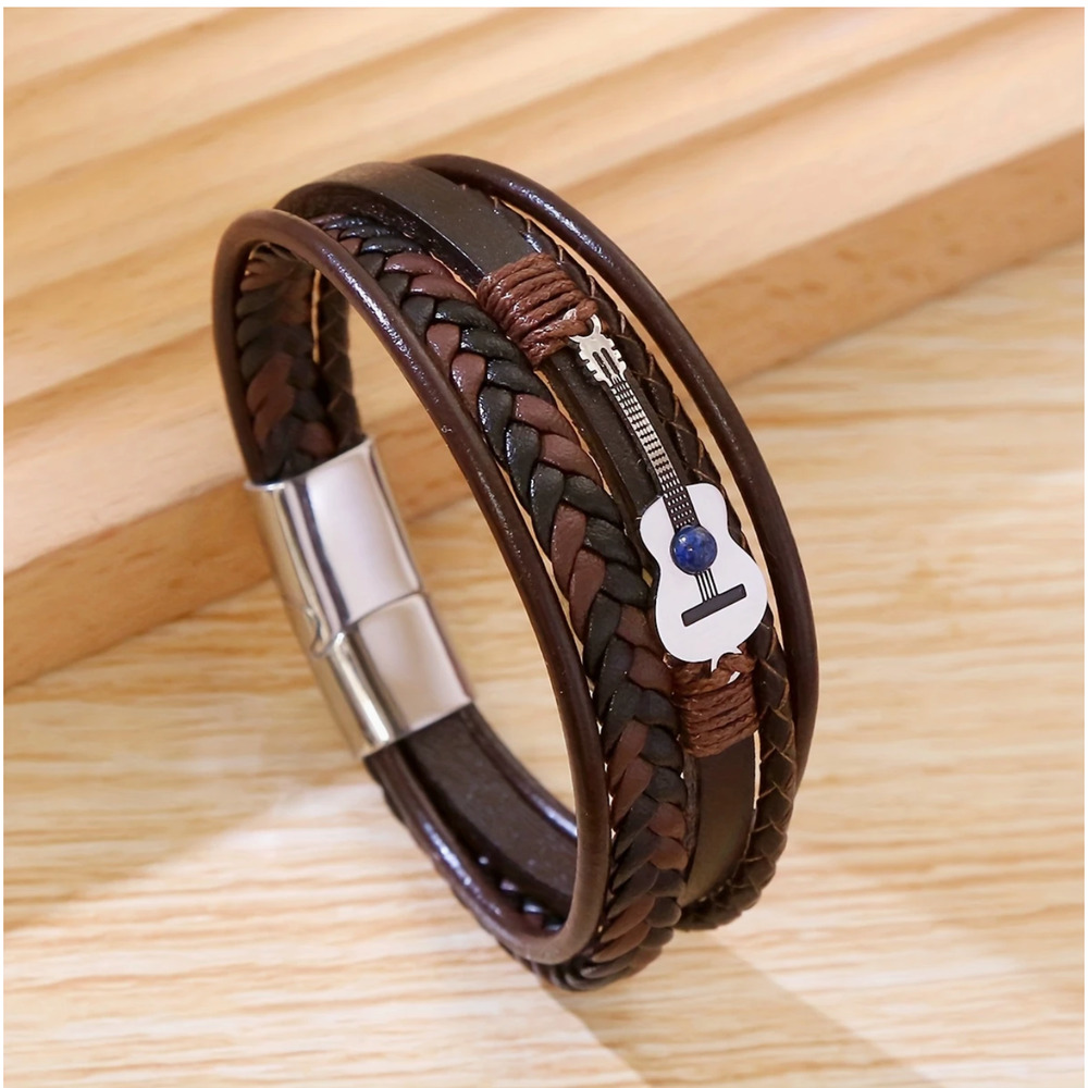 Men's Fashion Guitar Design Braided Synthetic Leather Bracelet, 8.46"